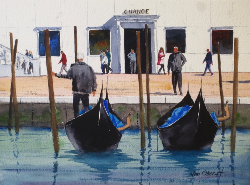 cityscape, urban, venice, canal, gondola, gondolier, boat, italy, europe, watercolor, painting, oberst